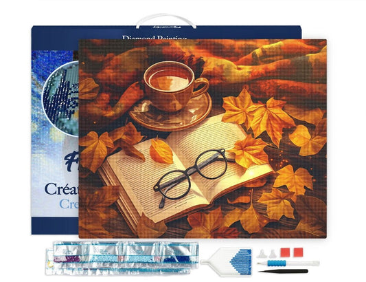 Broderie diamant 40x50 cm Thé et Livre en Automne Figured'Art avec toile montée sur châssis
