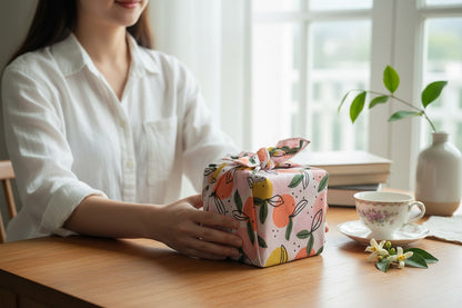 Furoshiki Mandarines en coton – Emballage cadeau zéro déchet (4 tailles) Machatatelier