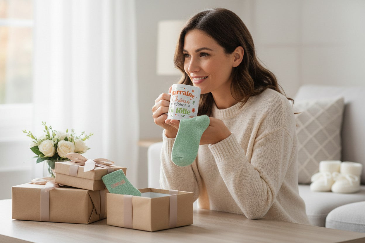 Coffret Cadeau Marraine Chérie – Mug & Chaussettes Pailletées JOY!