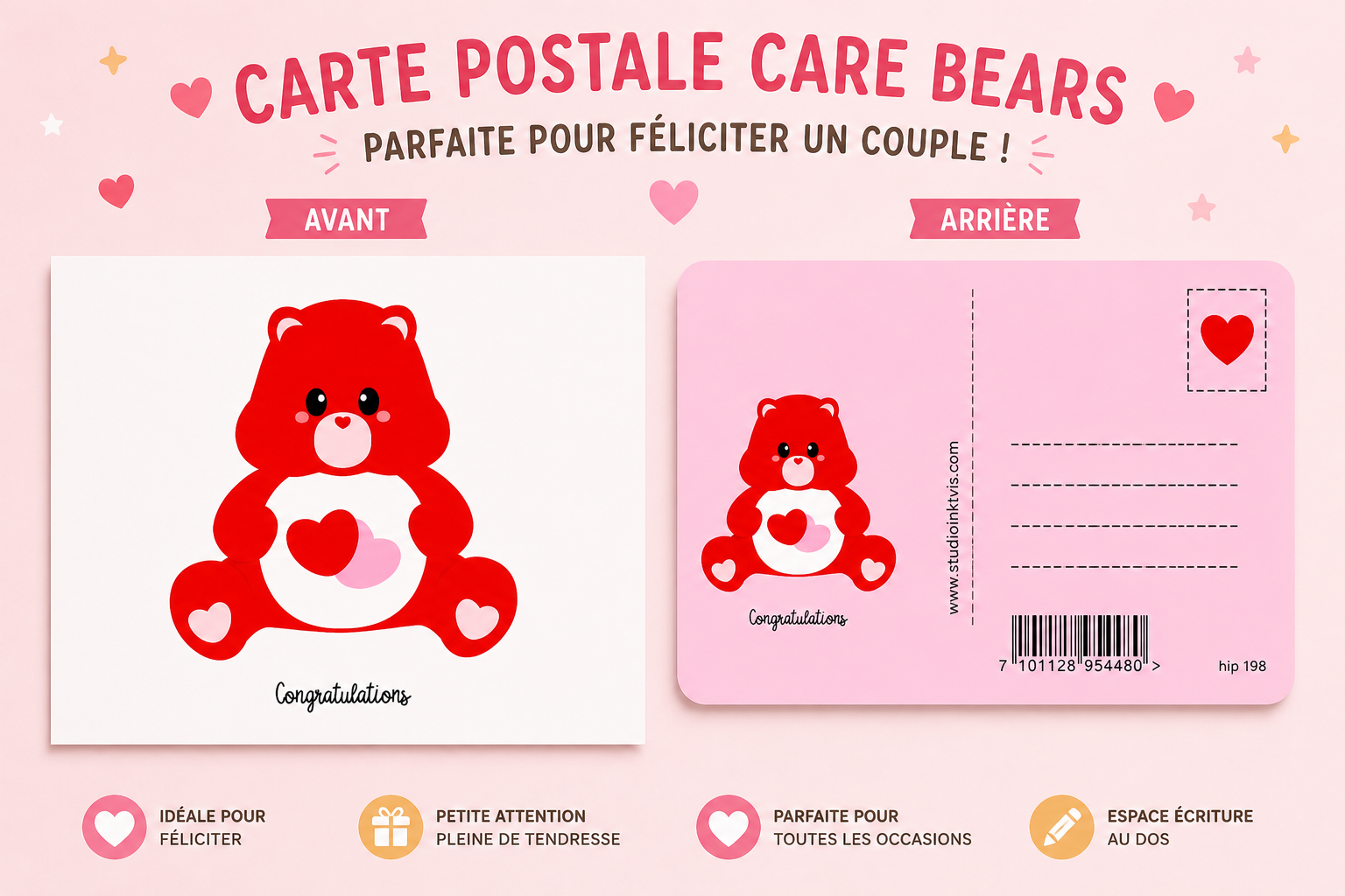 Carte postale Care Bears Amour & Félicitations – Bisounours Love A6 studio inktvis