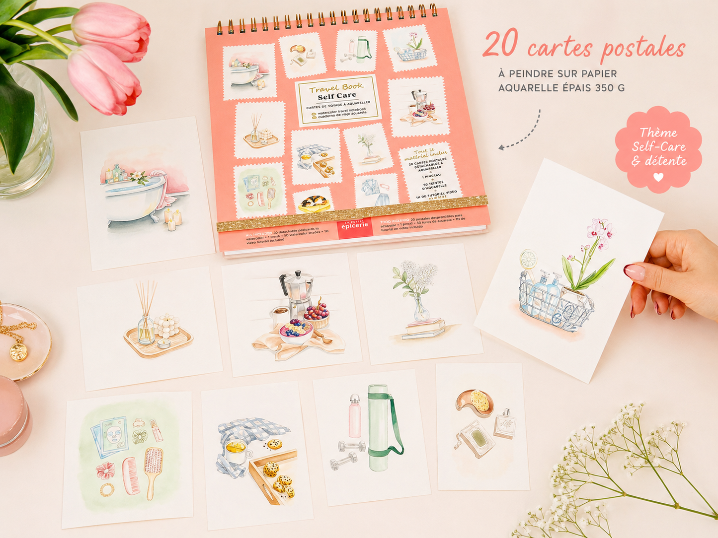 Travel Book Self-Care – Carnet aquarelle bien-être avec 20 cartes postales à peindre la petite epicerie