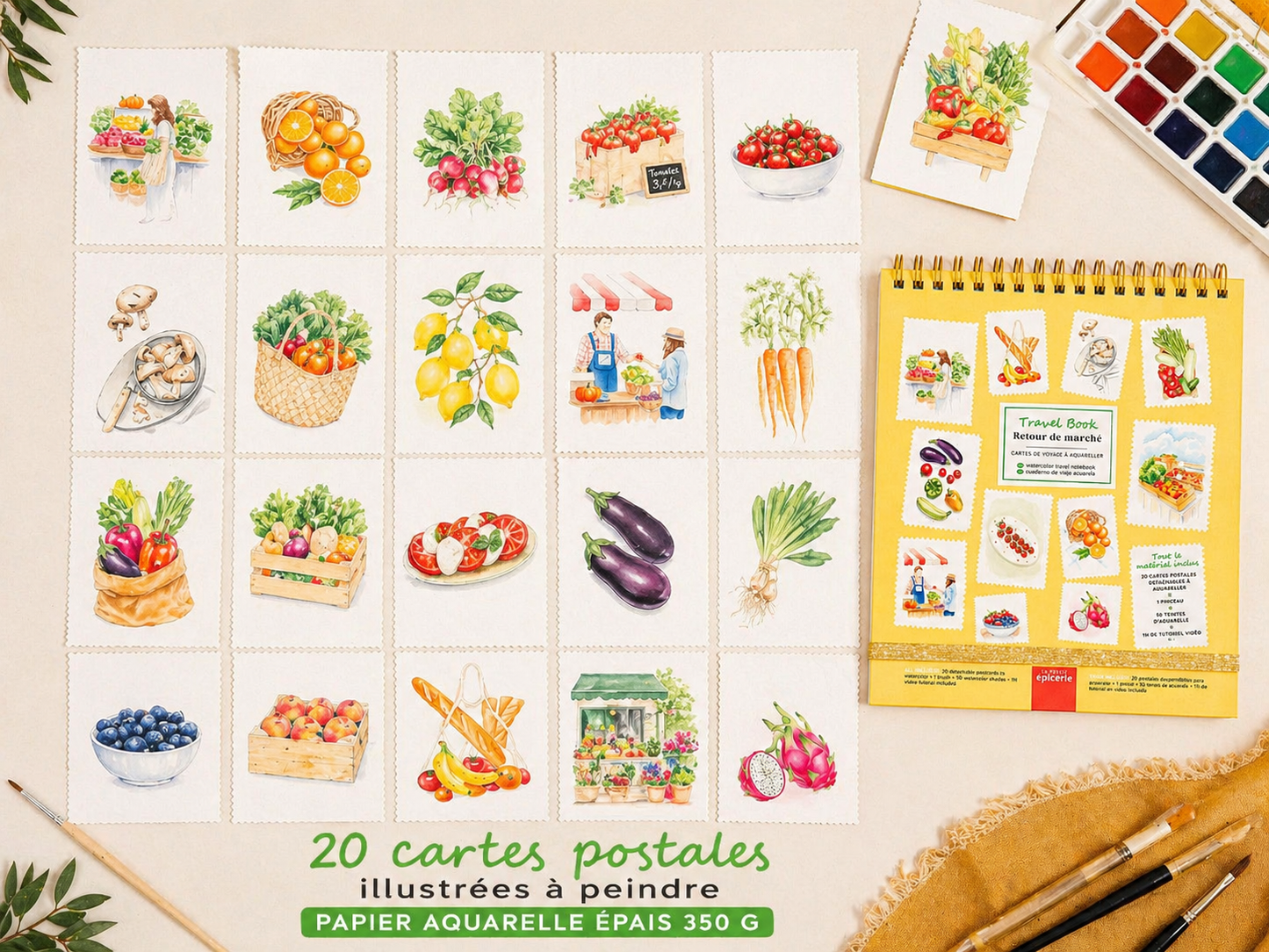 Travel Book Retour de Marché – Carnet aquarelle nomade avec 20 cartes postales à peindre la petite epicerie