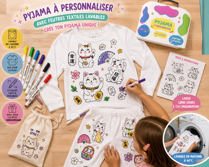 Kit Anniversaire Pyjama à Colorier Chat Porte-Bonheur – Activité Créative Enfant | Joy Cadeaux JOY!
