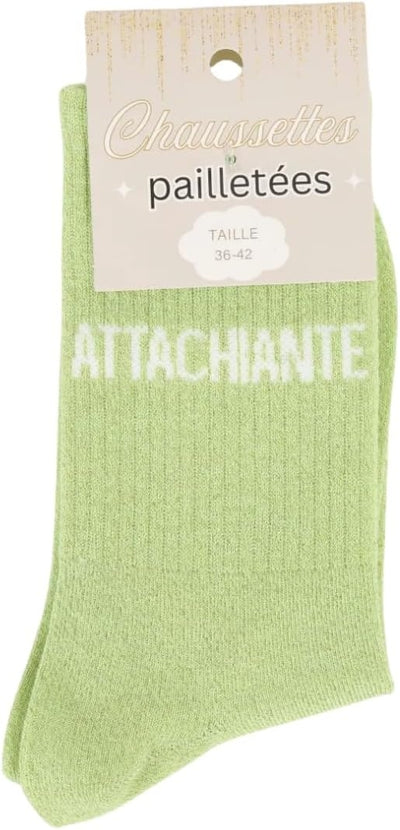 Chaussettes ATTACHIANTE Vert Anis à Paillettes – Message Fun (36-42) JOY!