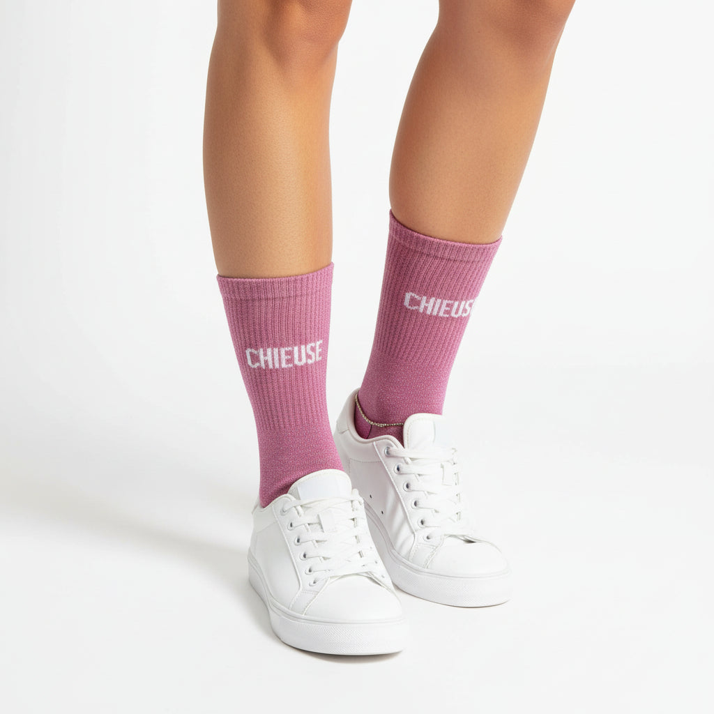 Chaussettes CHIEUSE Rose à Paillettes – Message Fun (36-42) JOY!