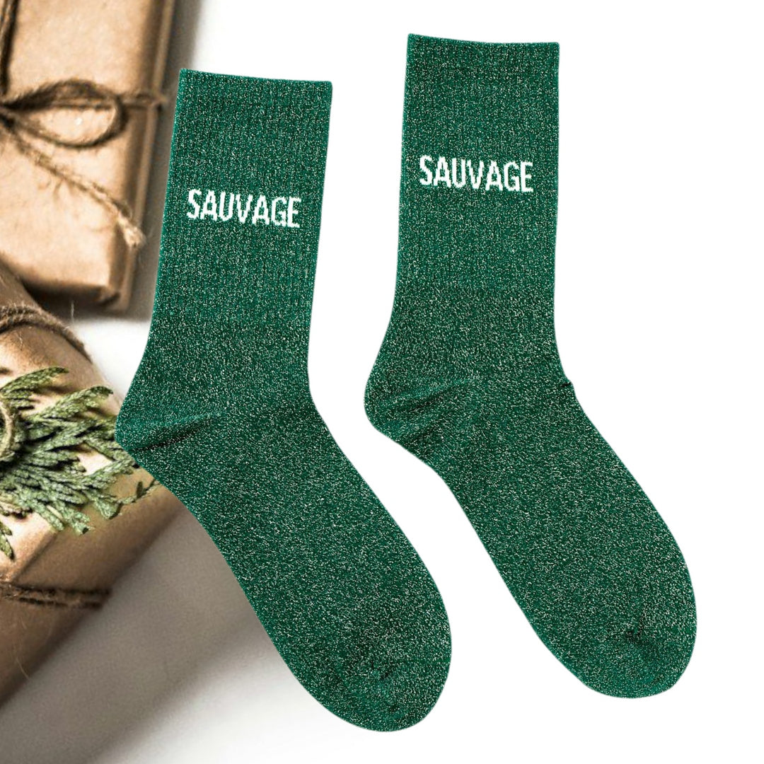 Chaussettes SAUVAGE à Paillettes – Message Audacieux & Tendance (36-42) JOY!