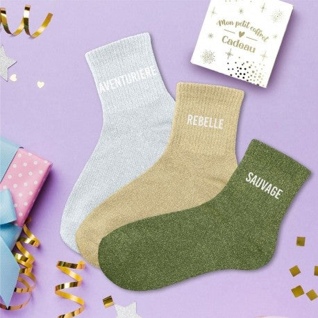 Coffret Trio Chaussettes Pailletées – Aventurière, Rebelle & Sauvage JOY!
