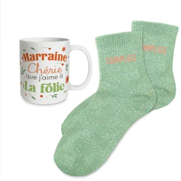 Coffret Cadeau Marraine Chérie – Mug & Chaussettes Pailletées JOY!