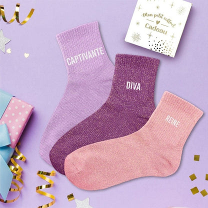 Coffret Trio Chaussettes Pailletées – Captivante, Diva & Reine JOY!