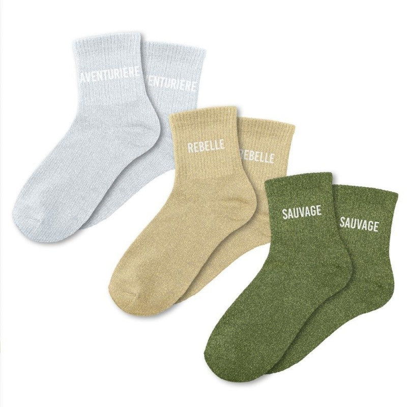Coffret Trio Chaussettes Pailletées – Aventurière, Rebelle & Sauvage JOY!