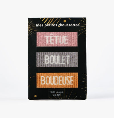 Coffret 3 paires de chaussettes à paillettes Têtue, Boudeuse, Boulet – Cadeau femme original JOY!