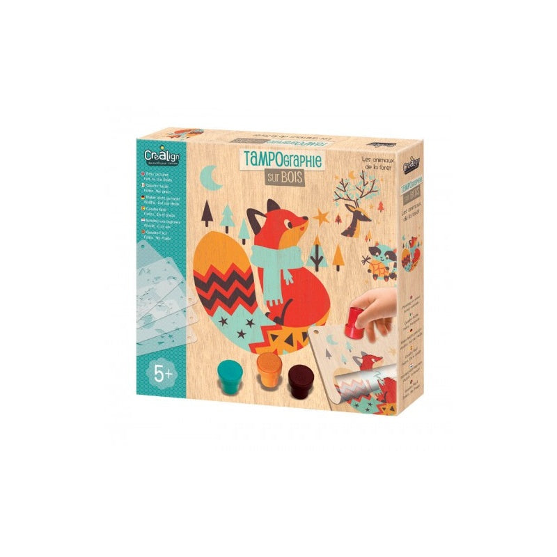 Coffret tampographie sur bois Crealign, thème animaux de la forêt, activité créative dès 5 ans.