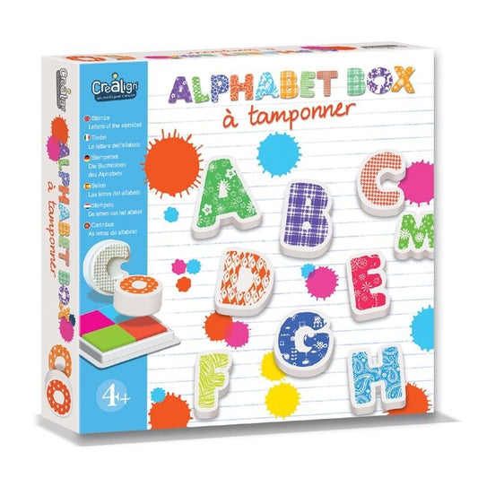 Coffret Crealign avec 30 tampons lettres alphabet et encreur 4 couleurs pour enfants.