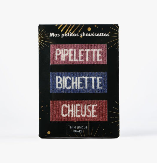 Coffret Team Pipelette – Chaussettes à paillettes Pipelette, Bichette, Chieuse | Box 3 paires JOY!