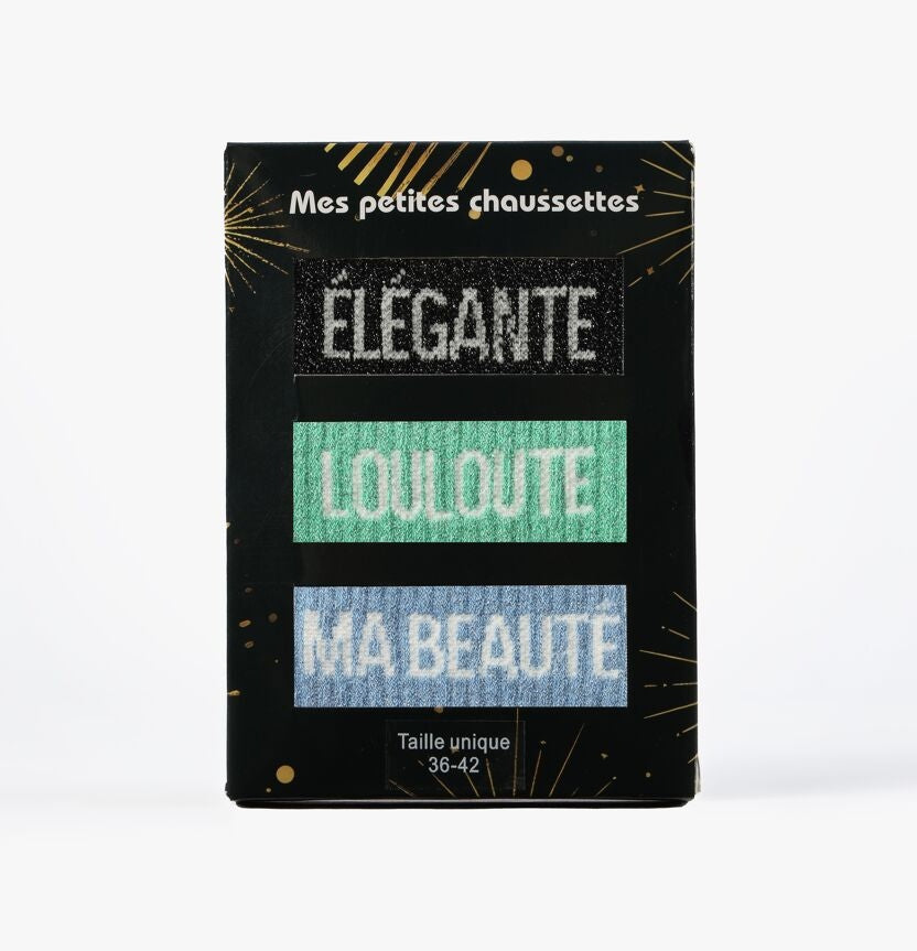 Coffret Unique & Fabuleuse – Chaussettes à paillettes Élégante, Louloute, Ma Beauté | Box 3 paires JOY!