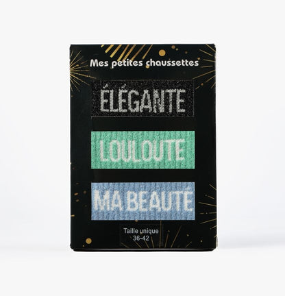 Coffret Unique & Fabuleuse – Chaussettes à paillettes Élégante, Louloute, Ma Beauté | Box 3 paires JOY!