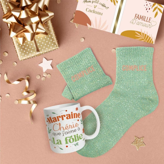 Coffret Cadeau Marraine Chérie – Mug & Chaussettes Pailletées JOY!