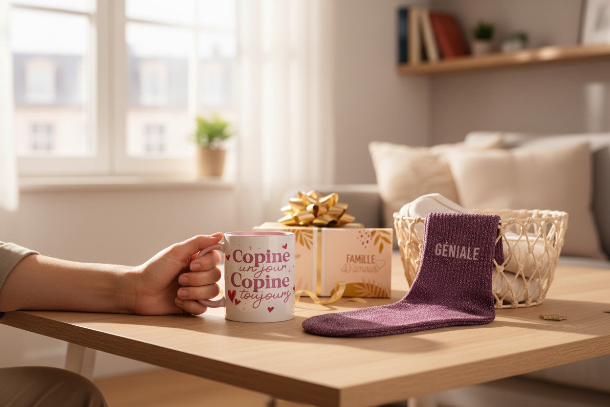 Coffret Cadeau Copine Géniale – Mug & Chaussettes Pailletées JOY!