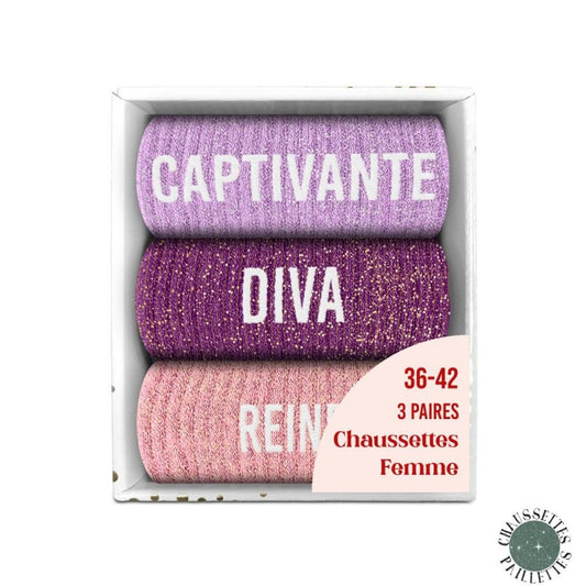 Coffret Trio Chaussettes Pailletées – Captivante, Diva & Reine JOY!