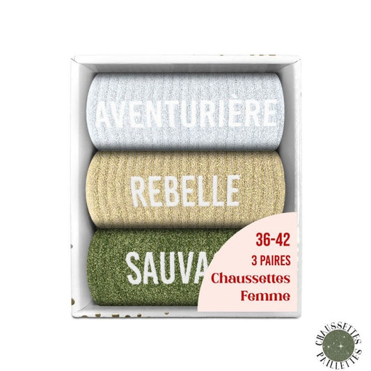 Coffret Trio Chaussettes Pailletées – Aventurière, Rebelle & Sauvage JOY!