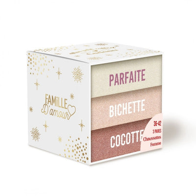 Coffret Trio Chaussettes Paillettes Fantaisie Femme – Parfaite, Bichette, Cocotte | Cadeau Original & Brillant JOY!
