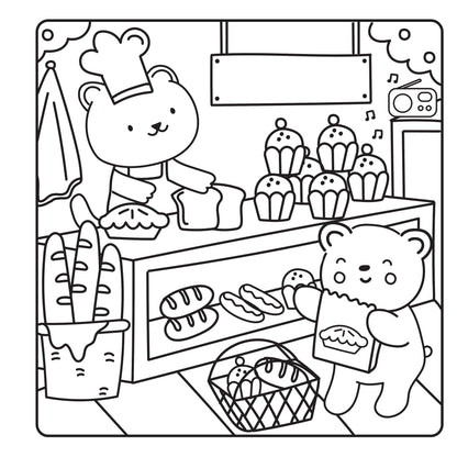 Illustration cocooning avec animaux adorables cuisinant et se détendant à la maison