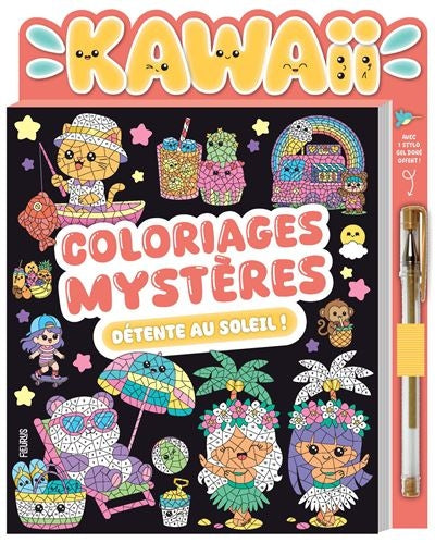 Livre Coloriages Mystères Kawaii Détente au Soleil avec stylo gel doré