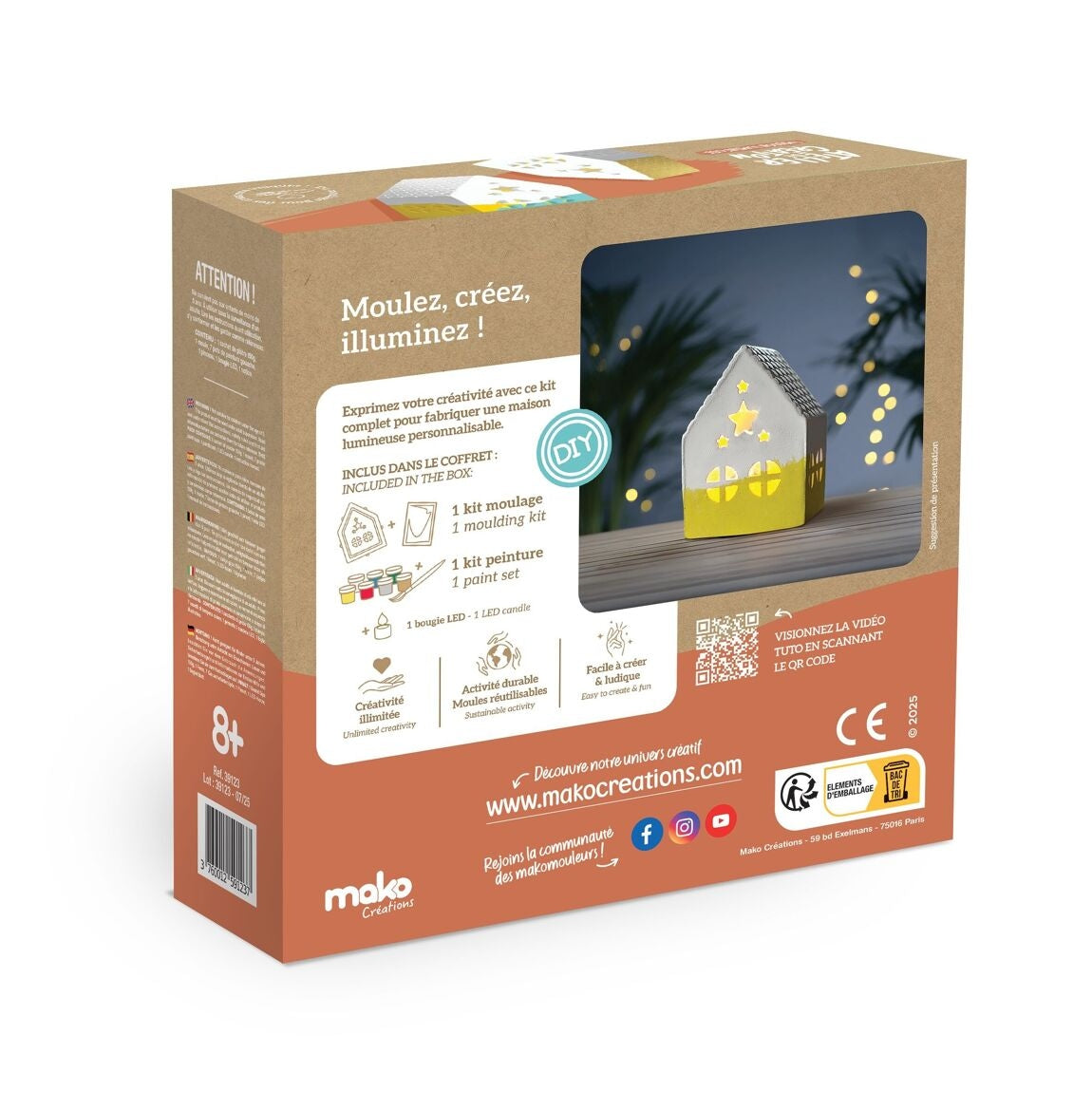 Moule en silicone, peinture gouache, poudre de moulage et bougie LED du kit Maison Lumineuse