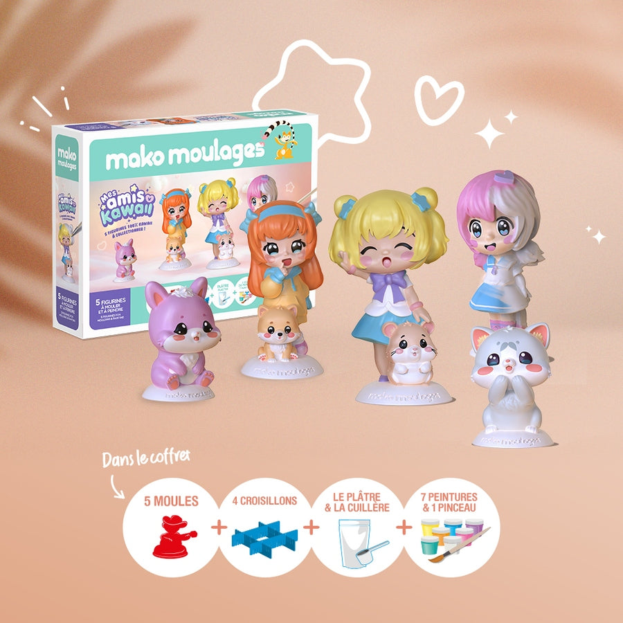 Vue du contenu du coffret Mes Amis Kawaii Mako Moulages avec moules, plâtre, peintures pastel et pinceau