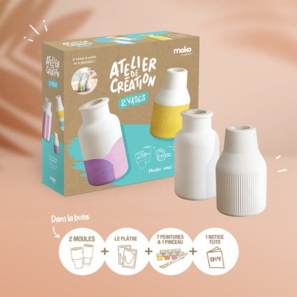 Contenu du coffret atelier créatif 2 vases moules silicone et peintures pastel