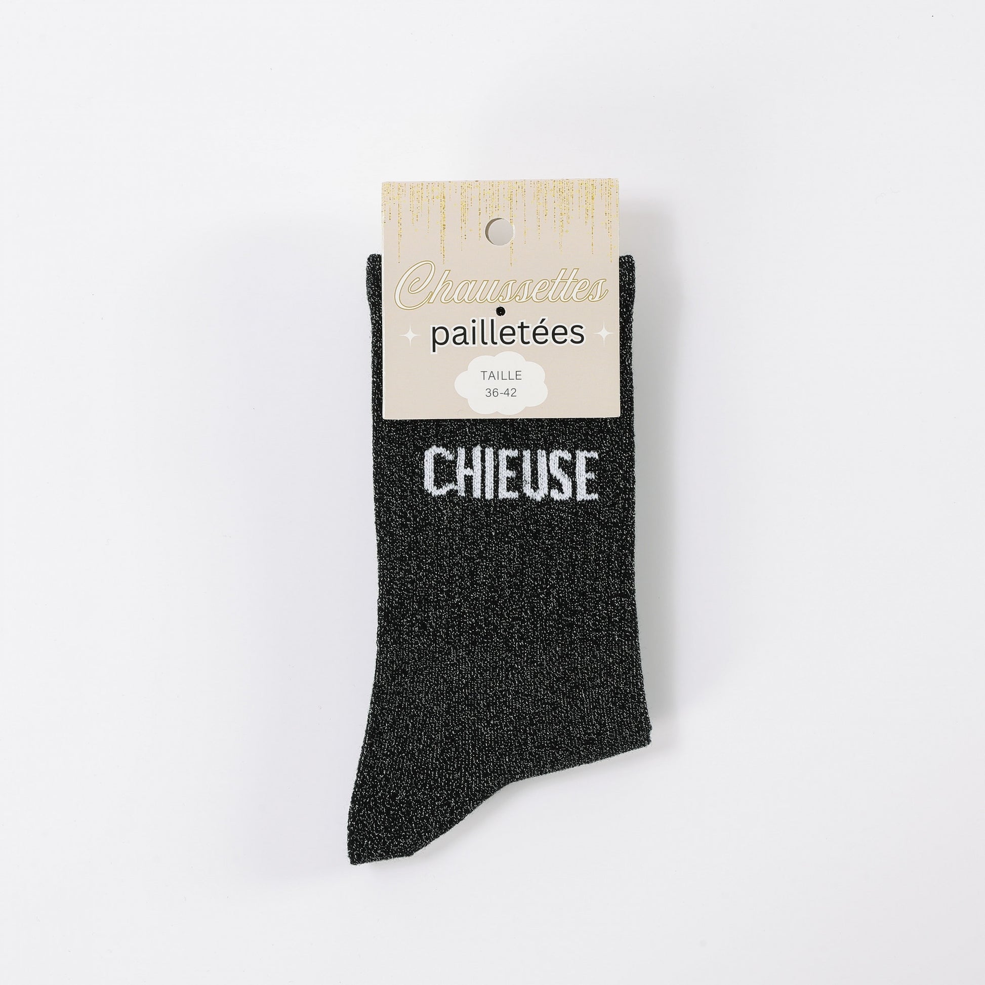 détail message chieuse chaussettes scintillantes coton