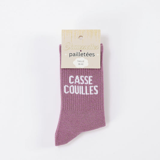 Chaussettes CASSE COUILLE Mauve à Paillettes – Message Fun (36-42) JOY!