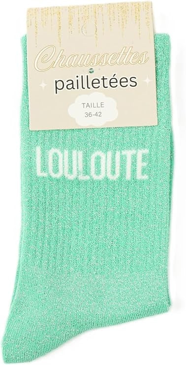 détail message louloute chaussettes scintillantes coton