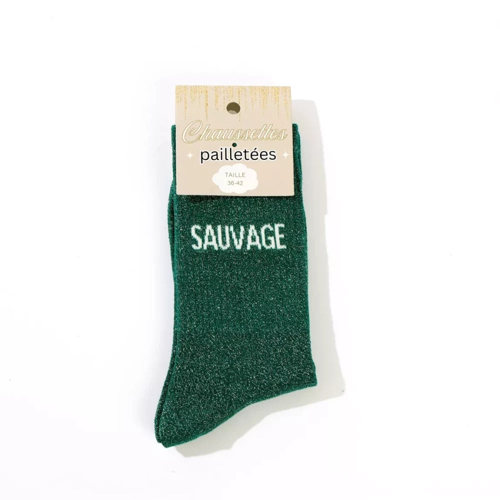 Chaussettes SAUVAGE à Paillettes – Message Audacieux & Tendance (36-42) JOY!