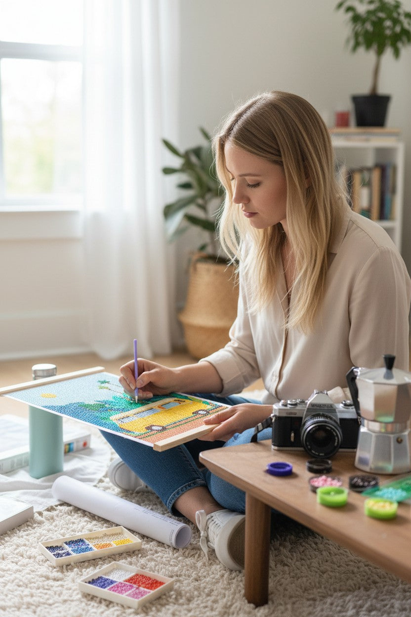 Pose des strass sur toile numérotée diamond painting Van Life activité relaxante