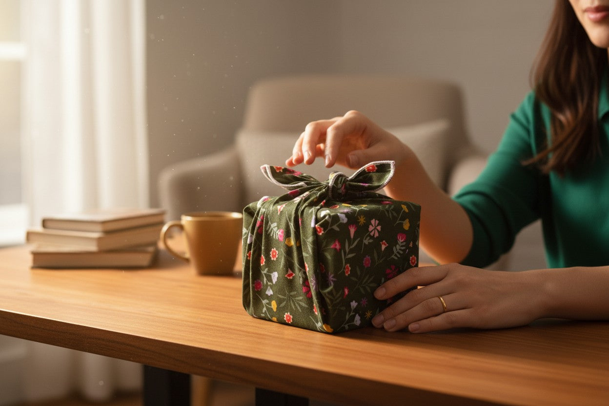 Furoshiki Vert Fleurs en coton – Emballage cadeau zéro déchet (4 tailles) Machatatelier