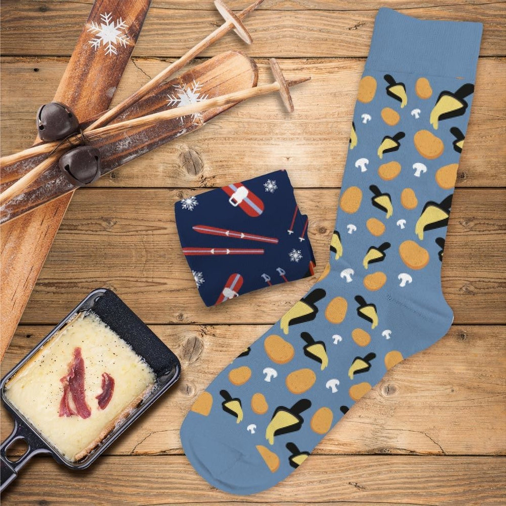 Chaussettes Humoristiques “Ski / Raclette” – Duo Montagne Fun (Taille Unique) JOY!