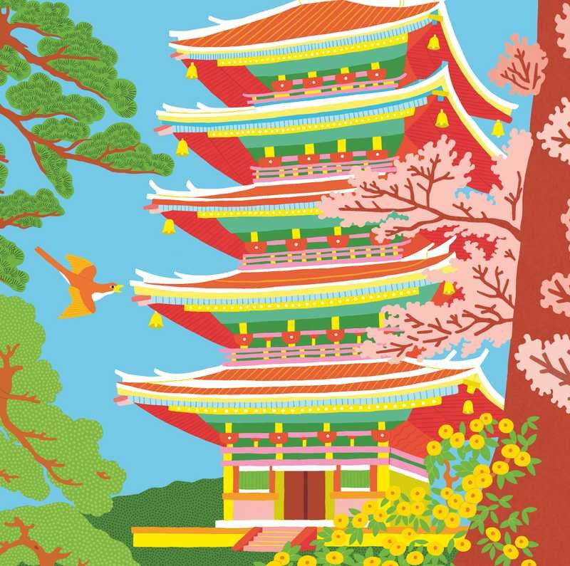 Illustrations temples rouges et paysages japonais à colorier