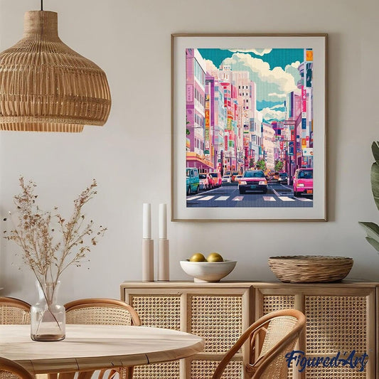 Diamond Painting Japon représentant une rue animée illuminée de lanternes japonaises