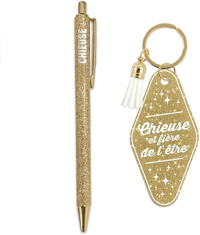 Duo Cadeau Paillettes CHIEUSE fière de l'être – Stylo & Porte-Clés Fantaisie Humour Femme JOY!