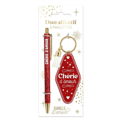 Duo Paillettes Chérie d’Amour – Stylo & Porte-Clés Cadeau Femme JOY!