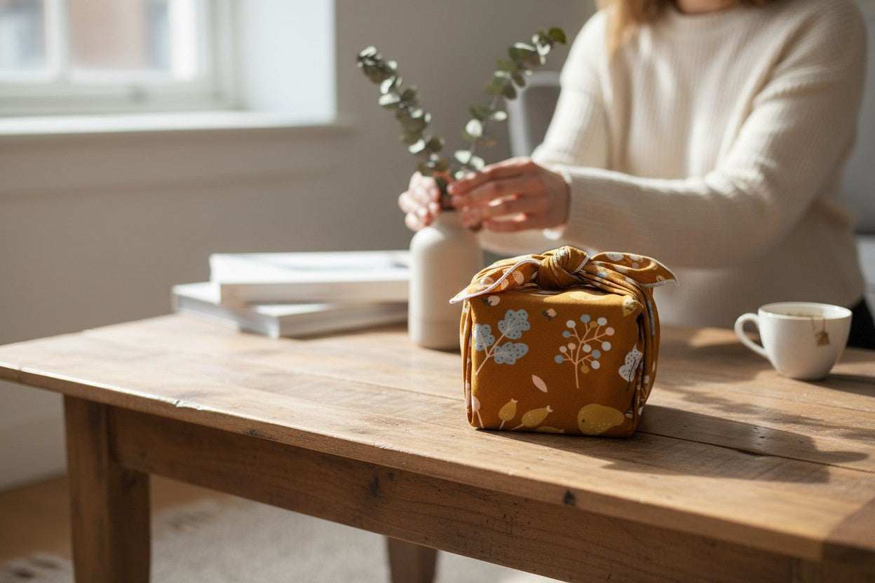 Cadeau emballé avec un Furoshiki Automne en coton, alternative écologique au papier cadeau