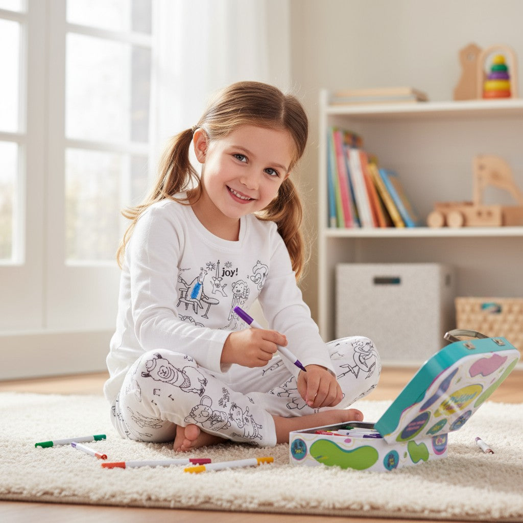 Enfant coloriant son pyjama à motif Animaux Rigolos avec feutres