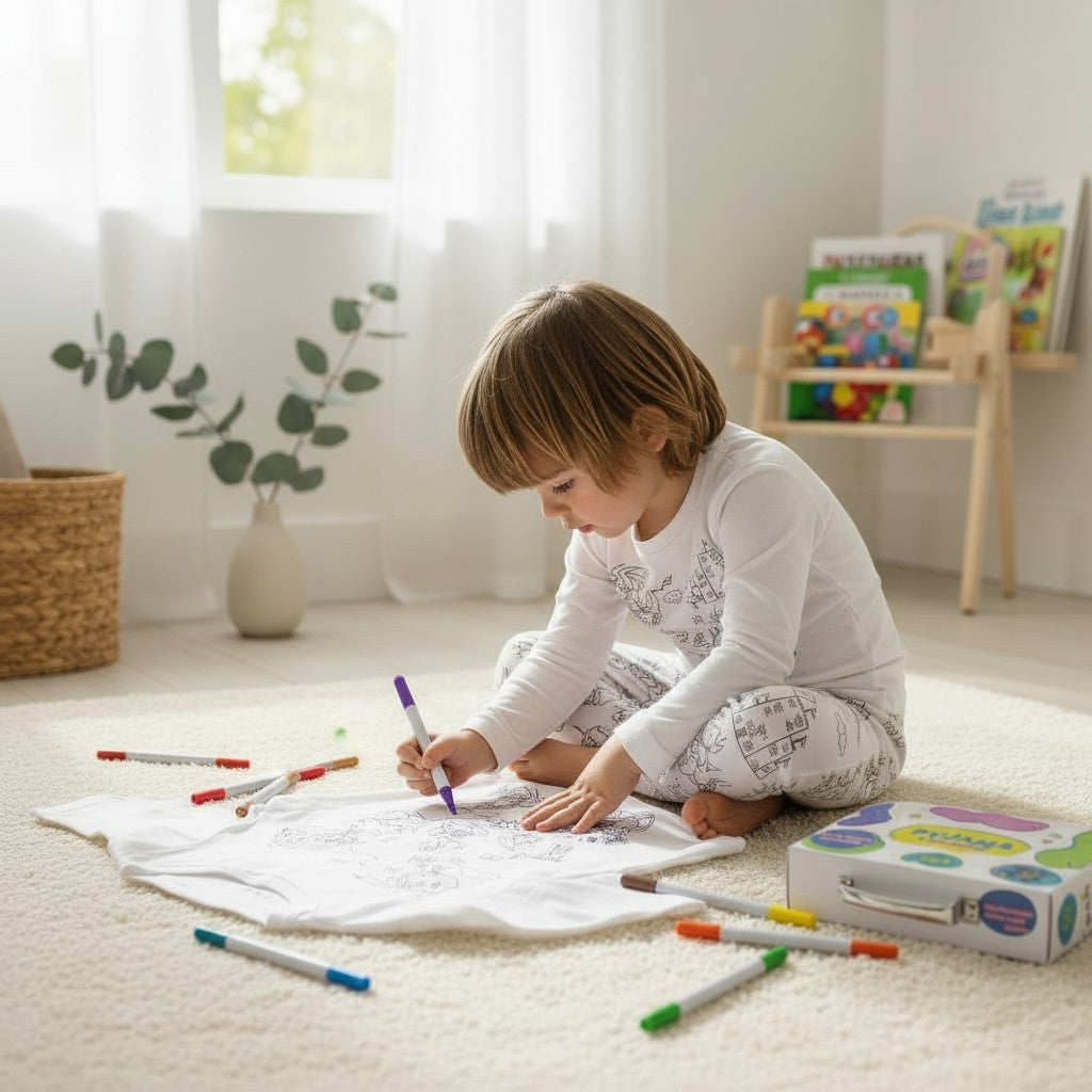 Enfant coloriant son pyjama dinosaure JOY! avec feutres lavables