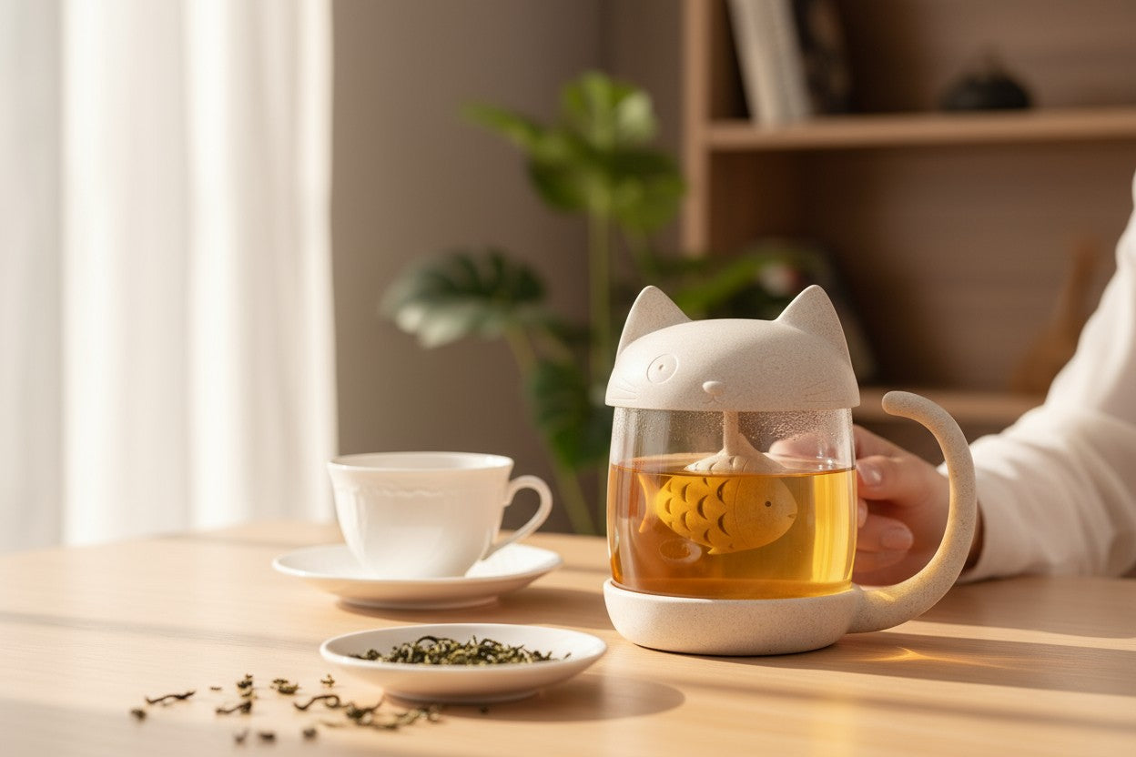 Tasse à thé chat avec infuseur présentée comme idée cadeau pour fan de chats et de thé