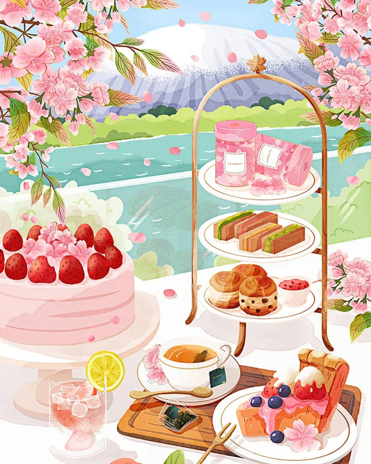 Peinture par numéros "Goûter sous les Cerisiers" | Toile tendue 20x30 cm JOY!