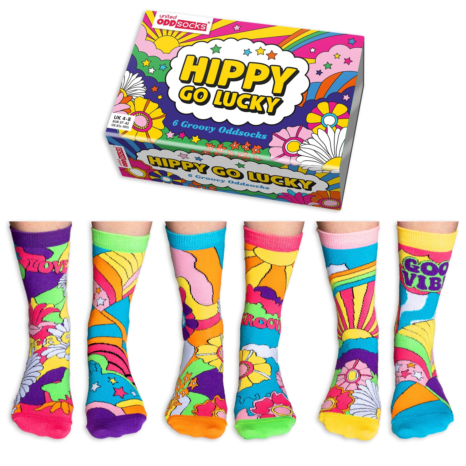 Coffret cadeau chaussettes colorées Hippy Go Chance. 6 chaussettes impaires fun et dépareillées United Oddsocks. Taille femme 37-42, idée cadeau originale. United Oddsocks