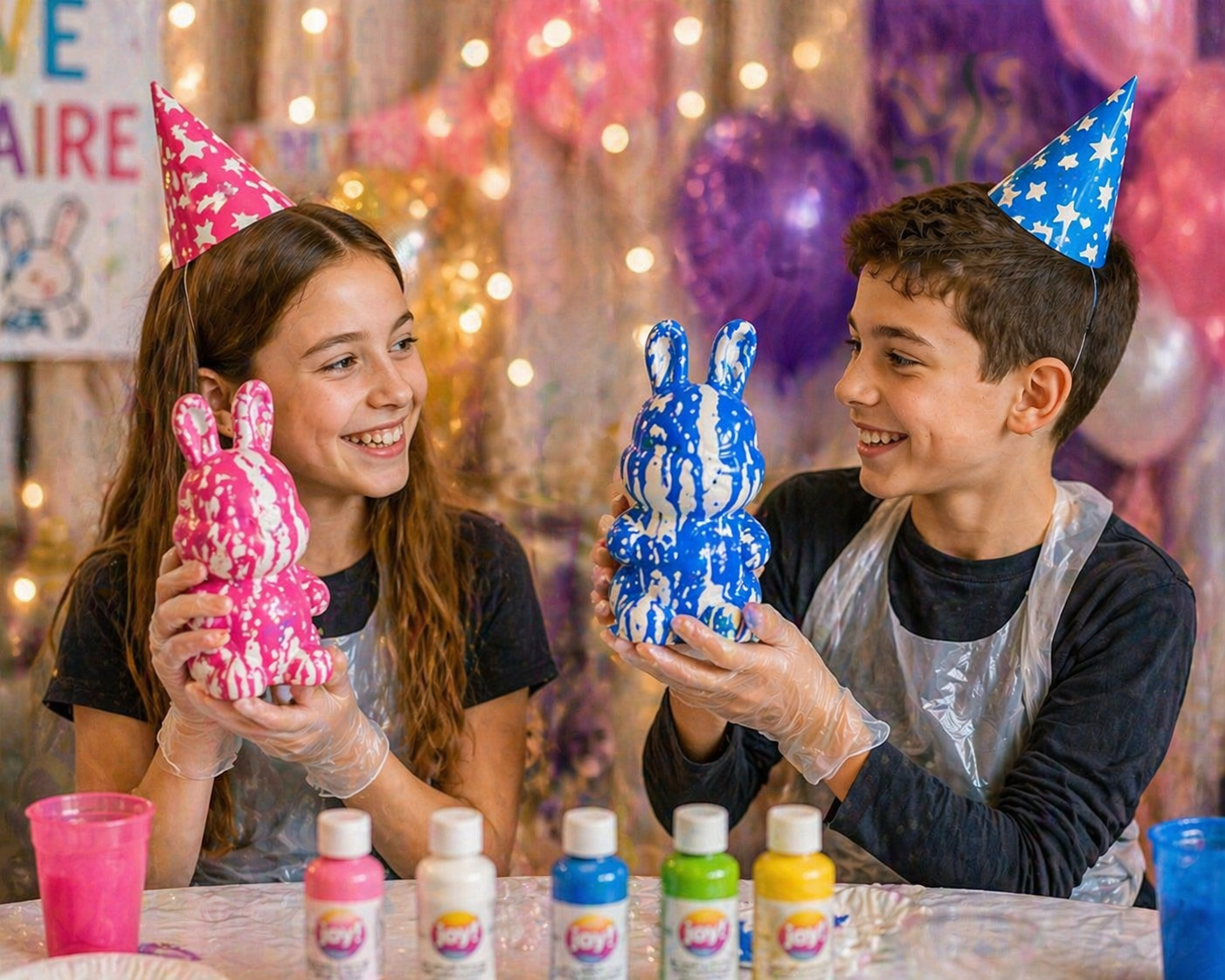 Kit Anniversaire Fluid Painting Lapin 33 cm – Figurine géante à personnaliser + 3 peintures JOY!