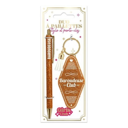 Coffret Duo Paillettes Girls Club – Porte-clés & Stylo Humoristique Baroudeuse JOY!