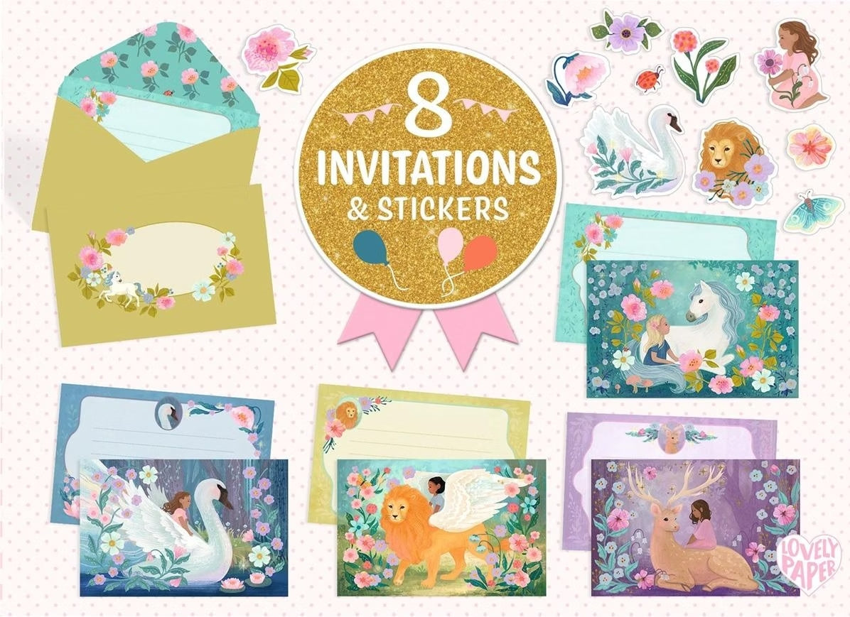 Cartes d'invitation illustrées avec créatures magiques et animaux fantastiques